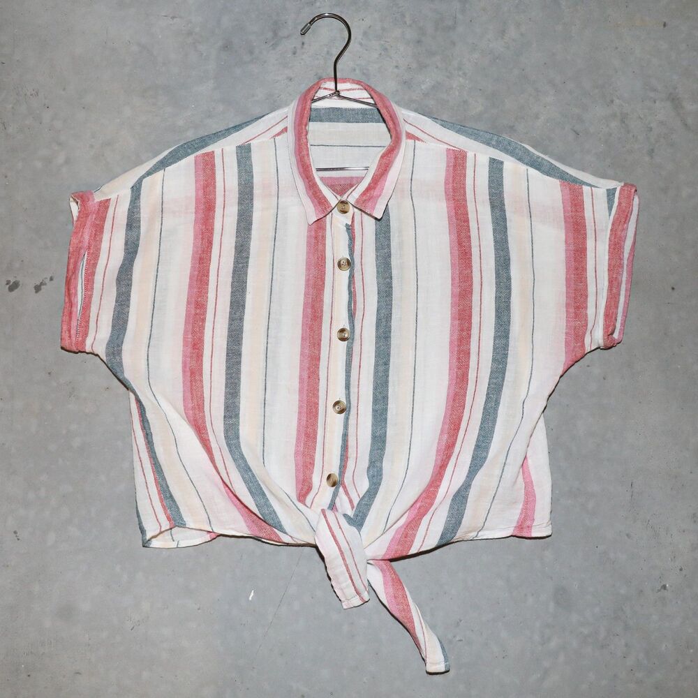 Boho Festival‎ Stripe Linen Crop Top Summer Casual Everyday Blouse Size Medium